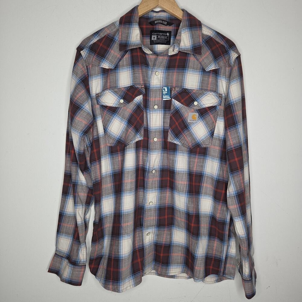 Carhartt Mens M Rugged Flex Montana Plaid Snap Shirt TW6430 Brown Blue NWT